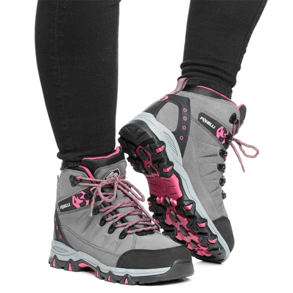 Foxelli Hiking Boots Women gray/pink Waterproof Suede Leather